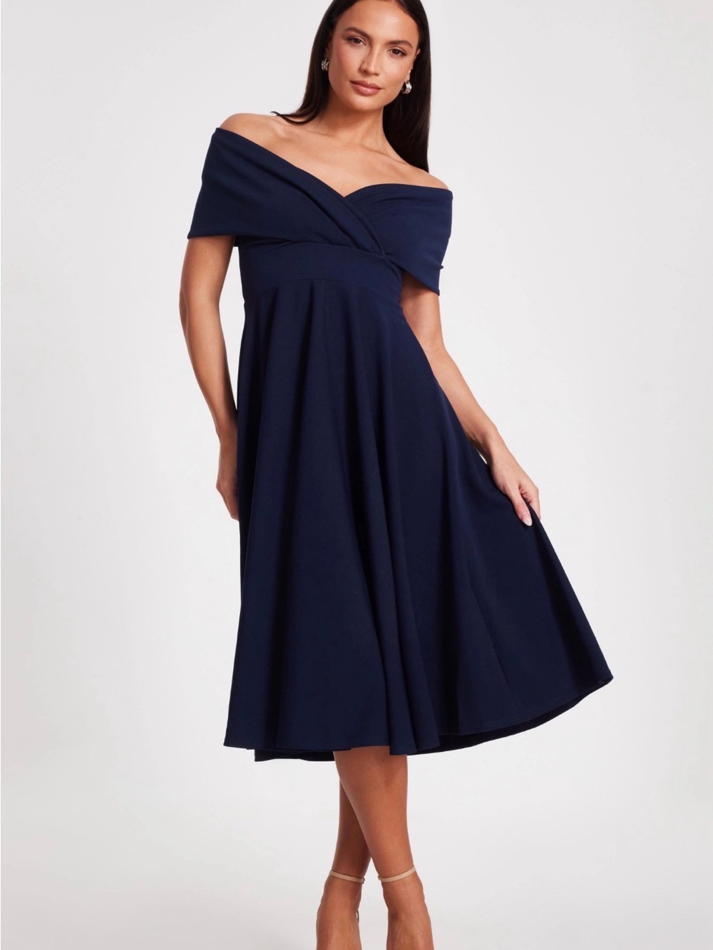 One-Shoulder Navy Midi Dress with Draped Bodice